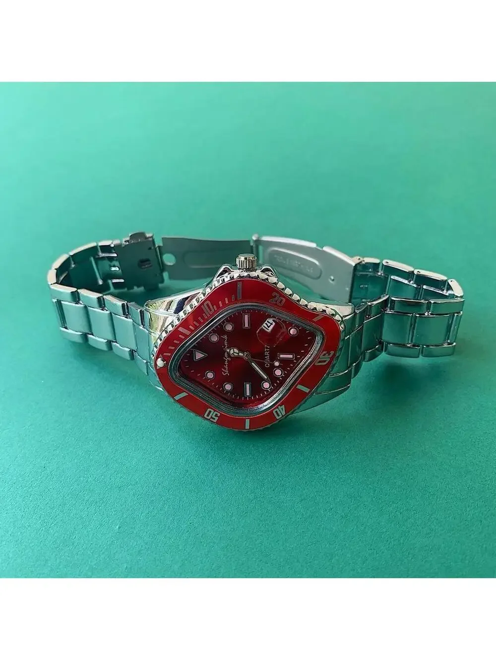 Cyber futuristic Red Face Silver Stainless Steel Y2k 2000s vintage style